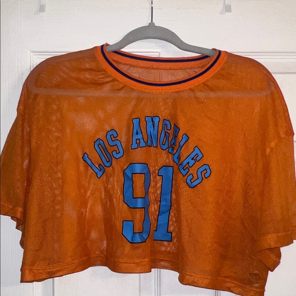 SHEIN Orange Mesh Cropped Tee with Blue 'Los Angeles 91'